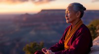 Senior Asian woman in burgundy meditation robe sits peacefully at sunset, mountain landscape backdrop creates serene atmosphere for wellness and mindfulness concepts.