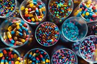 Colorful pharmaceutical capsules and pills in transparent containers viewed from above, showcasing variety of medications for healthcare and pharmacy industry.