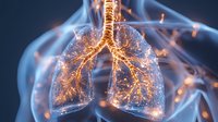 Glowing anatomical lungs with bronchial tree illuminated in golden light against dark background, medical visualization showing respiratory system structure.
