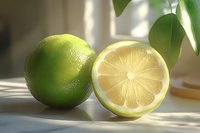 Fresh lime cut in half showing juicy pulp with whole green lime on white surface in soft natural window light and leaf shadows for food photography.