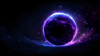 Glowing cosmic ring with purple and blue neon light effects against dark space background, mystical energy circle with luminous particles and stellar dust.