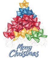 Colorful bows arranged in Christmas tree shape with red, blue, yellow and green ribbons, decorated with sparkles and Merry Christmas text below. Festive holiday design.