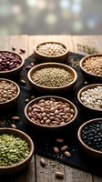 Assorted legumes and beans in wooden bowls on rustic table for healthy cooking and nutrition concepts.