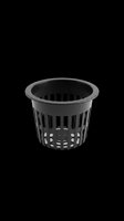 Black mesh net pot with drainage slots isolated on transparent background, ready for hydroponic gardening, aquaponics, plant propagation, clipart, and design projects.