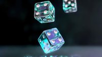 Glowing transparent dice with turquoise and purple colors floating in dark space. Luminescent gaming cubes create magical atmosphere with blurred background.