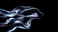 Futuristic abstract flowing particles creating smooth wave formation against black background, glowing blue light effect creates dynamic motion and depth.