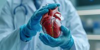 Surgeon hands in blue gloves holding anatomical heart model during cardiovascular research, medical education background with stethoscope and hospital setting.