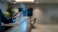 Business professional using holographic technology interface in modern office environment for digital transformation and innovation.