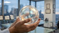 Businessman holding transparent crystal sphere in modern office with city skyline view, symbolizing vision, future planning, and business strategy concepts.