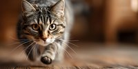 Adorable tabby kitten with striking green eyes reaching paw forward on wooden floor, perfect for pet care advertising and animal lover content.