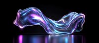 Luminous flowing abstract shape with cosmic galaxy colors floating on reflective surface against dark background, featuring purple and blue neon glow effects.