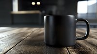 Minimalist black matte coffee mug on rustic wooden table with blurred background, dramatic lighting creates moody atmosphere for product photography.