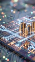 Smart city concept with golden skyscrapers on circuit board representing digital urban planning and technology integration for future development.