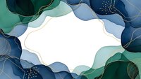 Abstract fluid organic shapes in blue and green tones with gold lines creating elegant frame border on white background for luxury design projects.