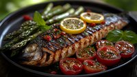Grilled whole fish with lemon slices, roasted asparagus and cherry tomatoes on black plate, garnished with fresh basil leaves.