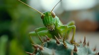 Vibrant green grasshopper in macro photography perched on spiky leaf edge, displaying detailed compound eyes and antennae against soft blurred natural background.