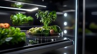 Fresh organic vegetables and herbs on glass plate in modern refrigerator with LED lighting, showcasing healthy food storage and kitchen organization.
