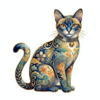 Decorative cat with ornamental blue and gold patterns, isolated on white background, suitable for design projects, merchandise and artwork applications.