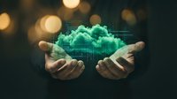 Hands holding holographic cloud computing data storage with digital grid overlay representing modern technology and virtual information systems.