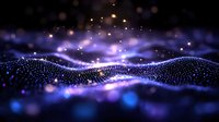 Glowing particles form dynamic wave pattern against dark background with purple and blue bokeh lights creating magical atmospheric effect.