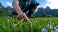 Young Asian farmer examining rice plants in paddy field with mountain landscape background, agriculture monitoring and crop inspection during growing season.
