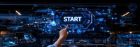 Hand reaching to press glowing start button on futuristic digital interface with circuit patterns and technological elements against dark background.