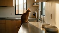 Orange tabby cat sitting on modern kitchen counter near sink with warm natural lighting streaming through windows creating cozy domestic atmosphere.