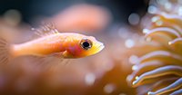 Small orange tropical fish swimming near sea anemone tentacles in aquarium, macro photography with soft bokeh and blurred background creates dreamy underwater scene.