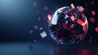 Glowing red geometric fragments exploding from transparent sphere against dark background, dynamic motion effect creating futuristic abstract composition.