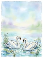 Pair of swans swimming together in a serene lake surrounded by water lilies and cattails, rendered in soft watercolor tones with pastel sky and gentle brushstrokes.
