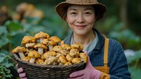 Asian woman farmer holding woven basket full of fresh picked chanterelle mushrooms, wearing brown hat and overalls, smiling while harvesting wild mushrooms outdoors.
