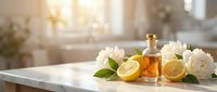 Amber glass bottle with essential oil surrounded by fresh lemon slices, white flowers and green leaves on marble table with bright window light for wellness and beauty product marketing.