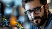 Young bearded Caucasian male wearing glasses looks thoughtfully at camera with soft bokeh background and warm lighting creating professional atmosphere.