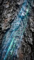 Digital code projection on natural tree bark surface blending technology with organic textures for environmental tech concepts and nature integration themes.