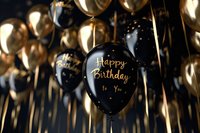 Elegant black and gold birthday balloons with handwritten greeting create luxurious celebration atmosphere against dark background. Perfect for party invitations.