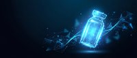 Glowing blue wireframe medicine vial with digital particles and geometric lines on dark background, representing futuristic healthcare technology.