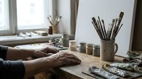 Artist hands working with paintbrushes and art supplies in creative studio workspace for painting and drawing projects.