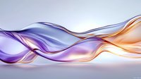 Flowing abstract waves in purple and orange create dynamic motion against light background, featuring smooth translucent curves and gentle color transitions.