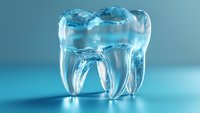 Transparent tooth-shaped glass sculpture filled with ice cubes on blue background, isolated for dental care, healthcare, and medical design projects.