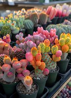 Colorful collection of small potted cacti and succulents with vibrant neon tops in pink, orange, yellow, and green, displayed at a garden center.