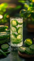 Fresh cucumber lemonade with ice cubes and sliced cucumber in crystal glass on dark background with natural green bokeh, refreshing summer drink.