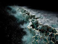 Dramatic turquoise ocean waves crashing against rocky shoreline with glowing honeycomb-like formations against dark background.