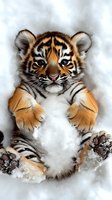 Adorable tiger cub playing in snow, showing expressive face and paws. Close-up portrait captures orange, black and white fur patterns against winter white background.