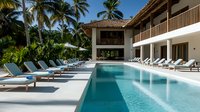 Luxury resort swimming pool with loungers surrounded by palm trees and modern architecture. Tropical vacation destination featuring contemporary design and serene poolside setting.