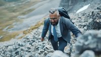 Mature Caucasian businessman in suit climbing rocky terrain, demonstrating determination and challenge. Metaphor for career growth and overcoming obstacles in business.