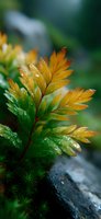 Vibrant yellow and green fern leaves covered in morning dew drops against dark blurred background, macro nature photography showing delicate plant details.
