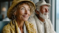 Smiling middle-aged Caucasian woman in straw hat with curly hair and elderly bearded man in background, warm golden lighting for lifestyle content.