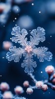 Delicate snowflake crystal with intricate feather-like patterns captured in macro photography against dark blue background with soft bokeh lights and frozen berries.