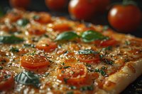 Fresh homemade pizza with cherry tomatoes, melted mozzarella, and basil leaves, topped with Italian herbs and spices on crispy golden crust, macro shot.