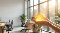 Businesswoman holding glowing light bulb in modern office workspace with natural sunlight, plants, and desk setup, representing innovation, ideas, and sustainable business solutions.